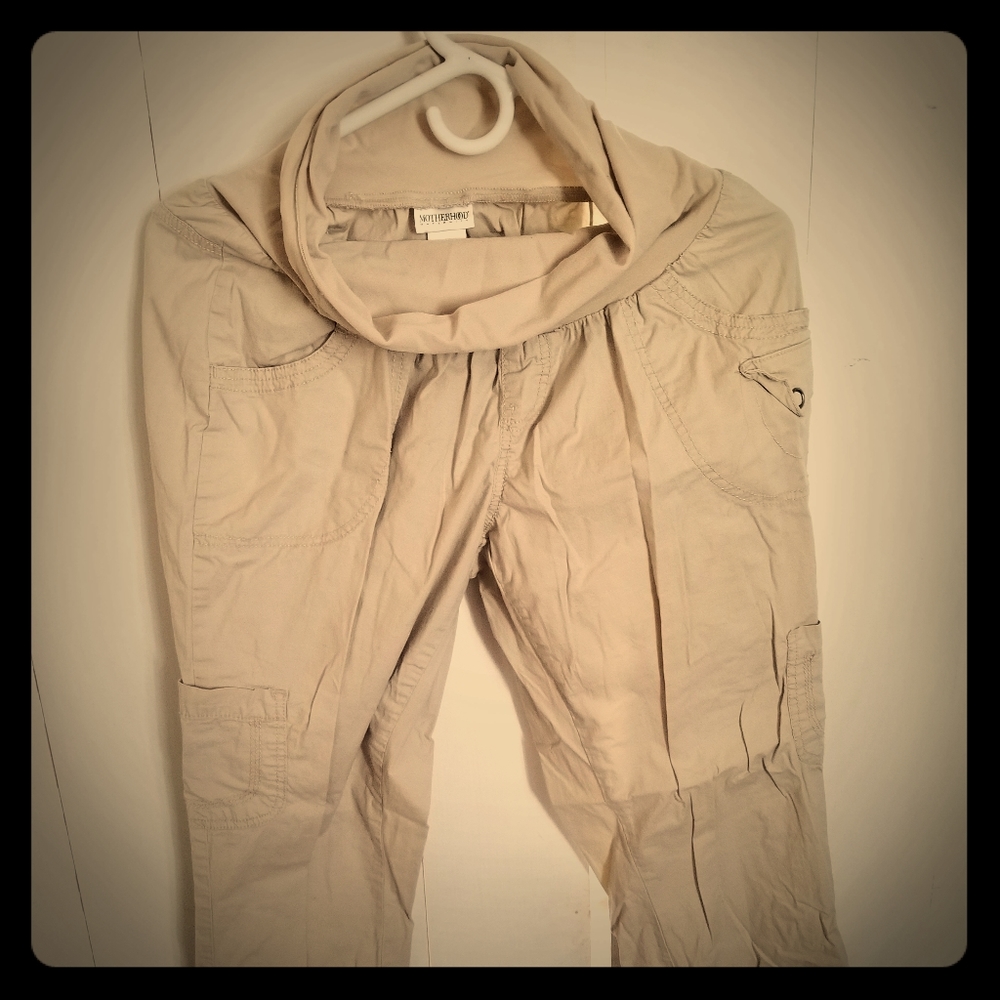 Khaki maternity cargo pants with stretchy waist